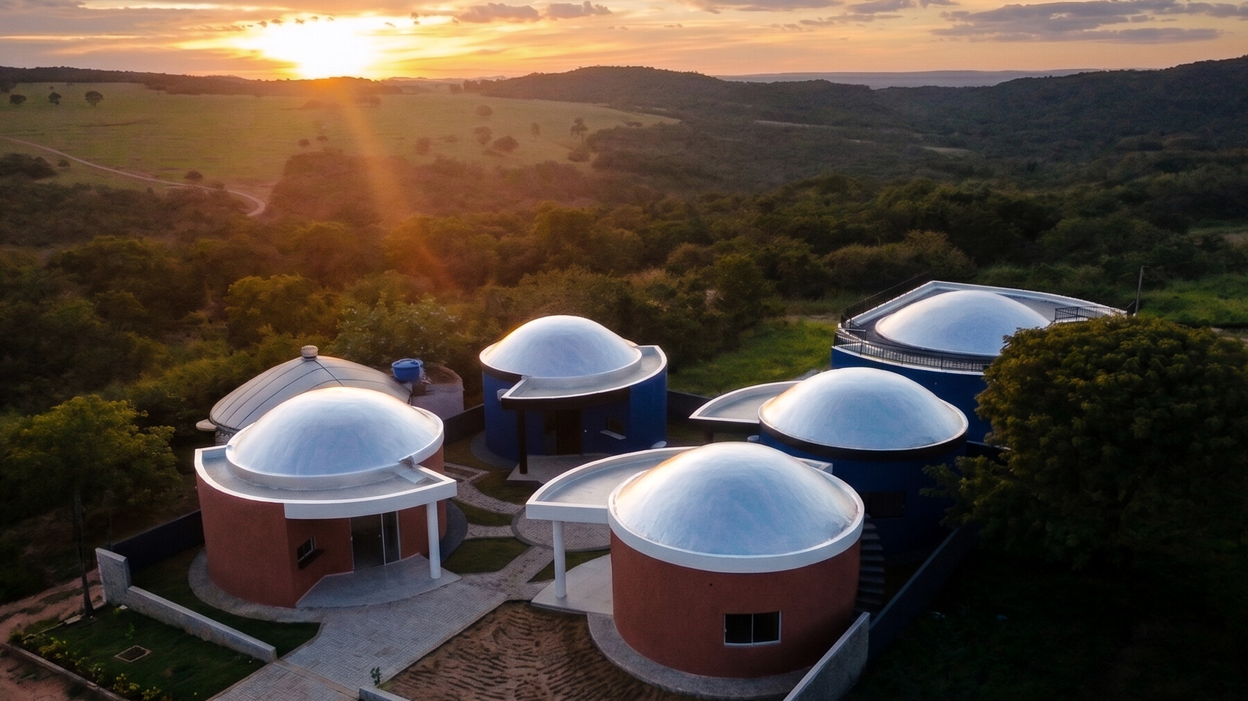 Cúpulas de casas redondas ao pôr do sol em Zigurats