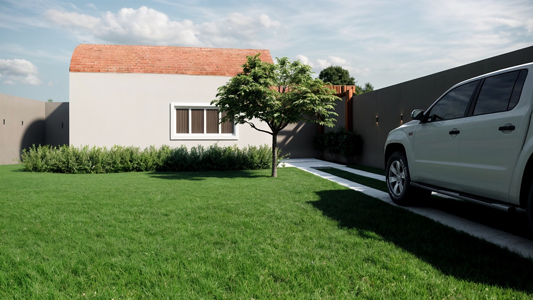 KitZnet — fachada branca com acesso a garagem