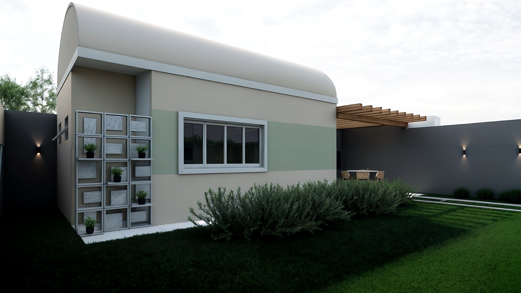KitZnet — fachada creme com pergola