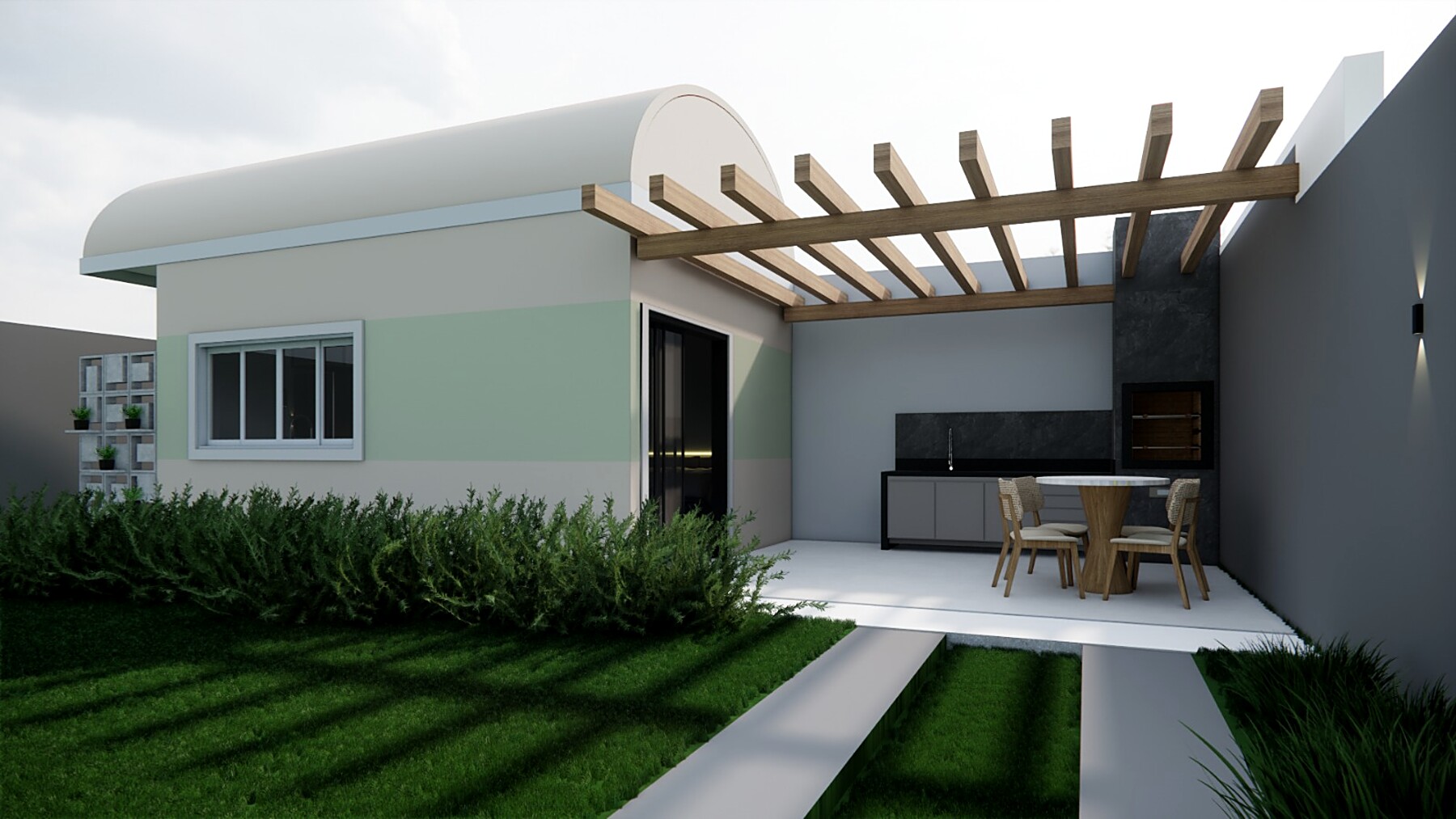 KitZnet — vista lateral com pergola