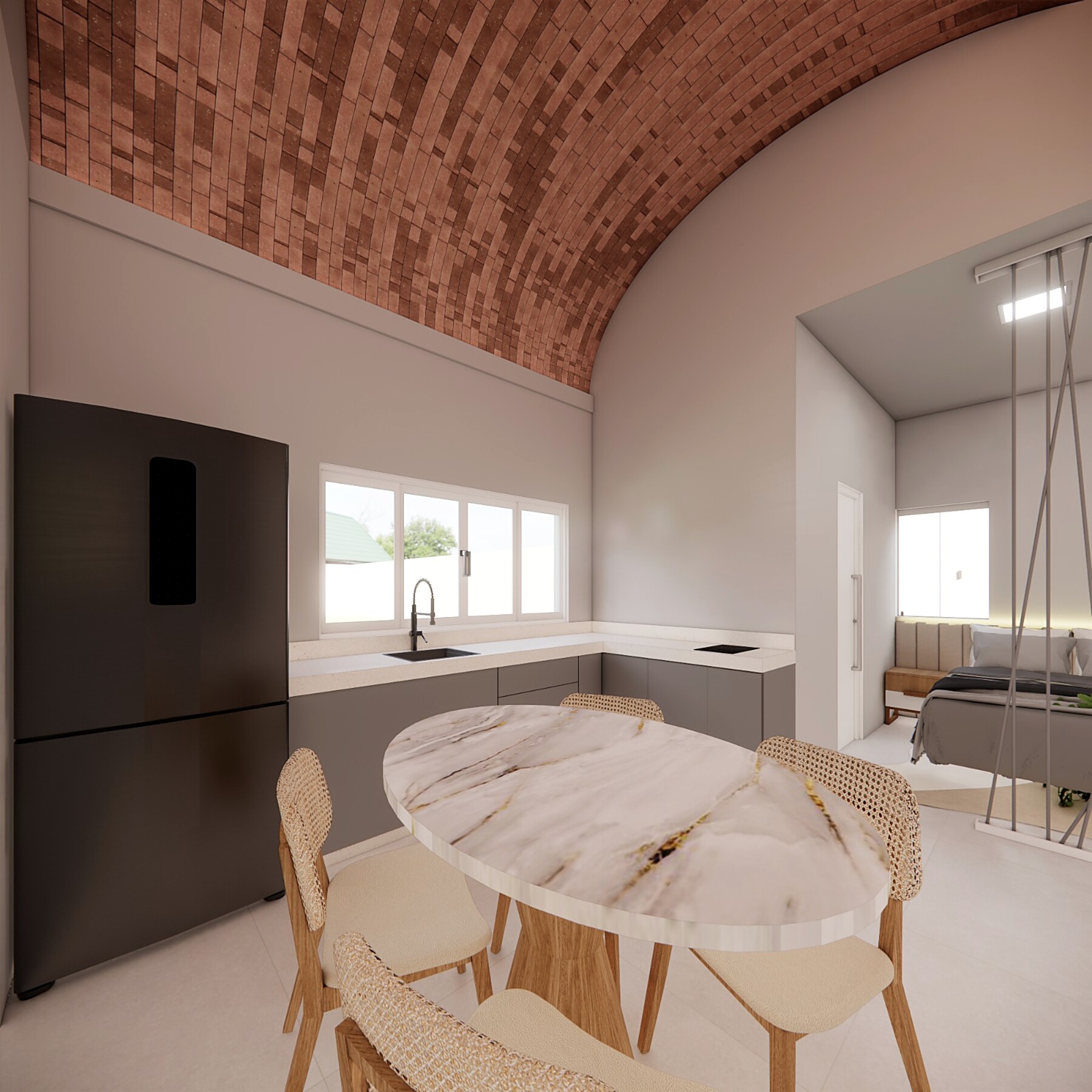 Interior — cozinha com teto abobadado em tijolos