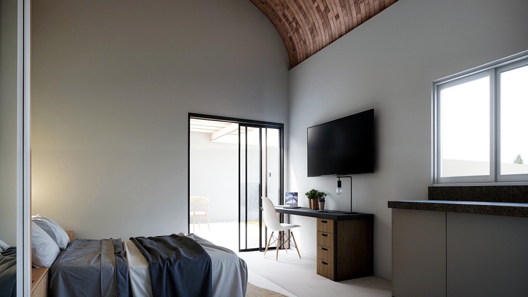 Interior — quarto com TV e teto abobadado