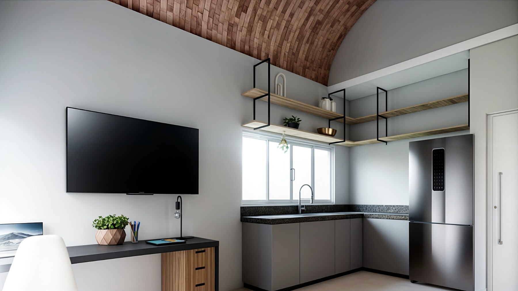 Interior — cozinha compacta com prateleiras
