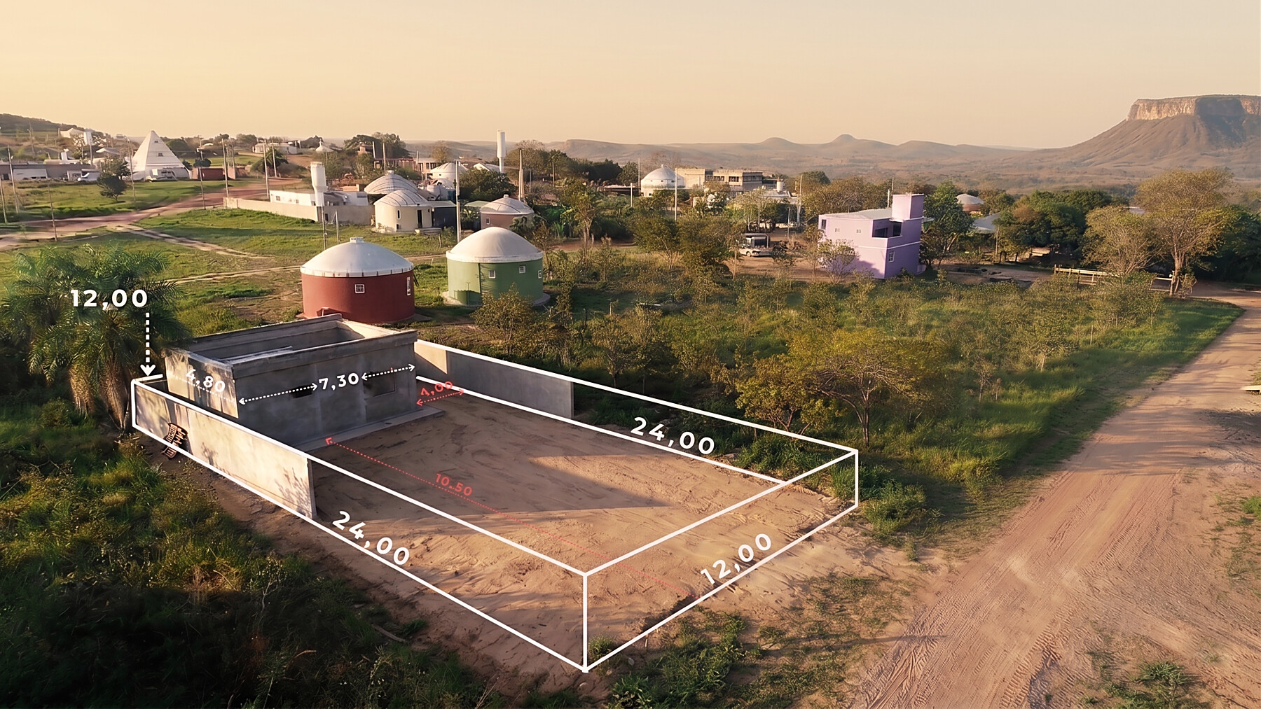 Vista aérea com cotas do lote e dimensões do KitZnet