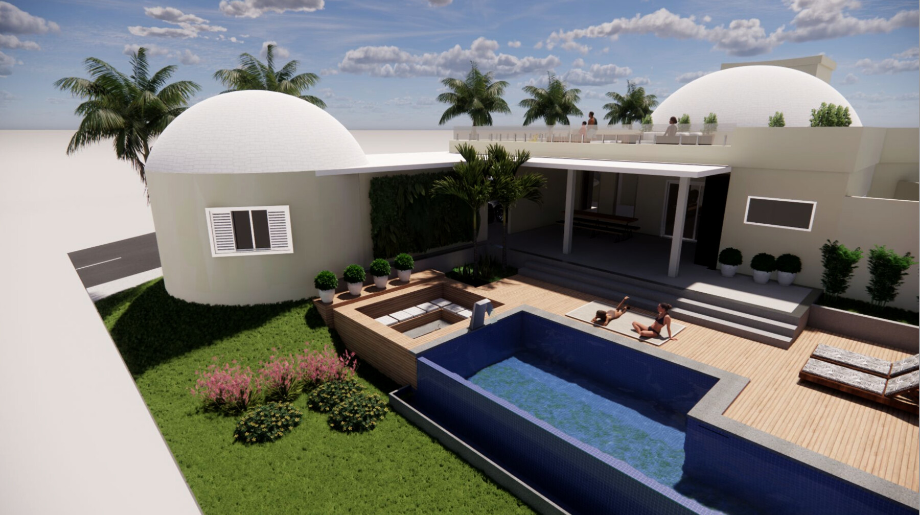 Humanização — casa com piscina e cúpulas